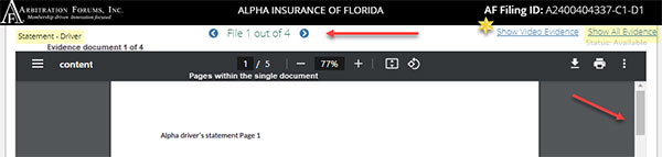 Screenshot of an evidence document with an arrow pointing to the inner scroll bar and the evidence file arrow